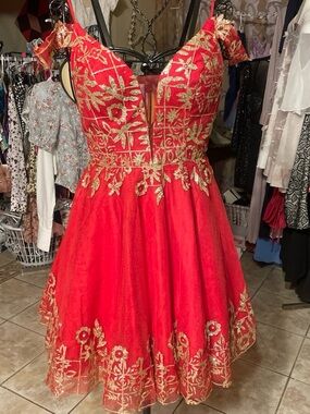 Red Embroidered Off-Shoulder Prom Dress with Gold Accents